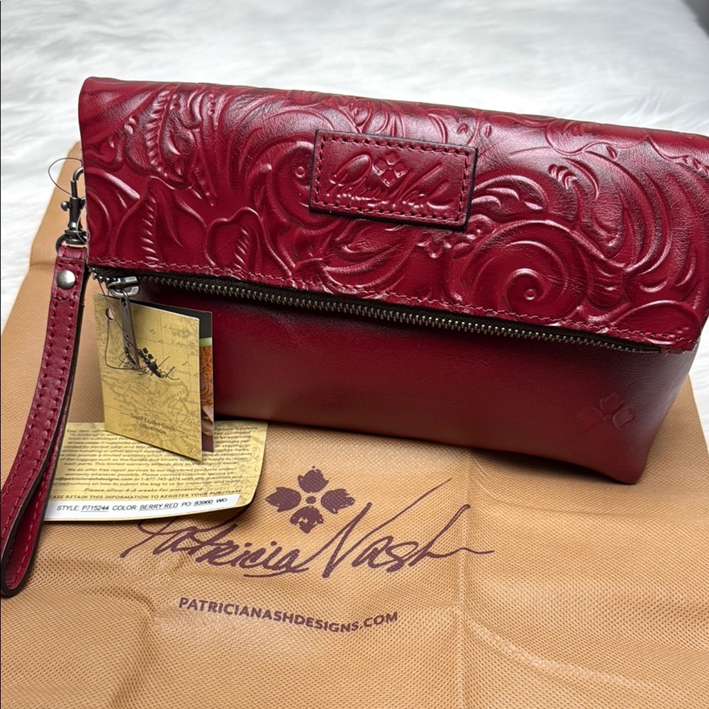 NWT Patricia Nash Valerie Fold-over Leather Wristlet with Embossed Floral Design